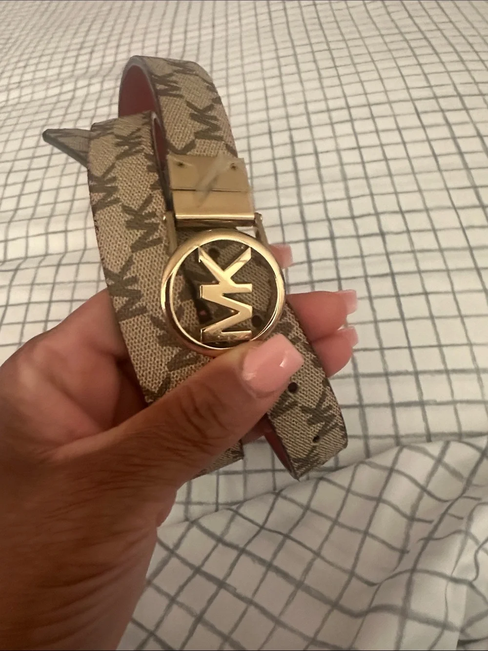 Michael Kors Beige Signature MK Belt with Red Interior and Gold Buckle